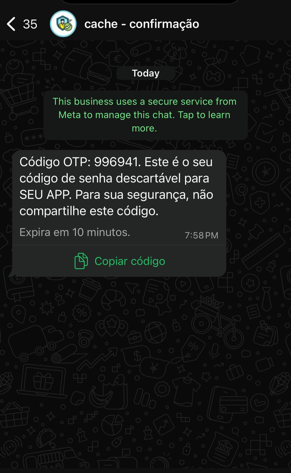 Exemplo de código OTP recebido pelo usuário no WhatsApp oficial